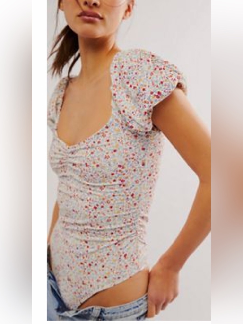 NWT Free People Floral Puff Sleeve Sweetheart Neckline Bodysuit (Size Small)